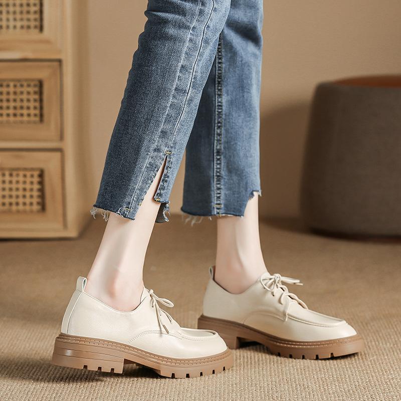Pantofi unici albi cu talpă moale din piele Mocasnici retro cu șireturi pentru femei Toamnă Pantofi mici din piele în stil britanic
