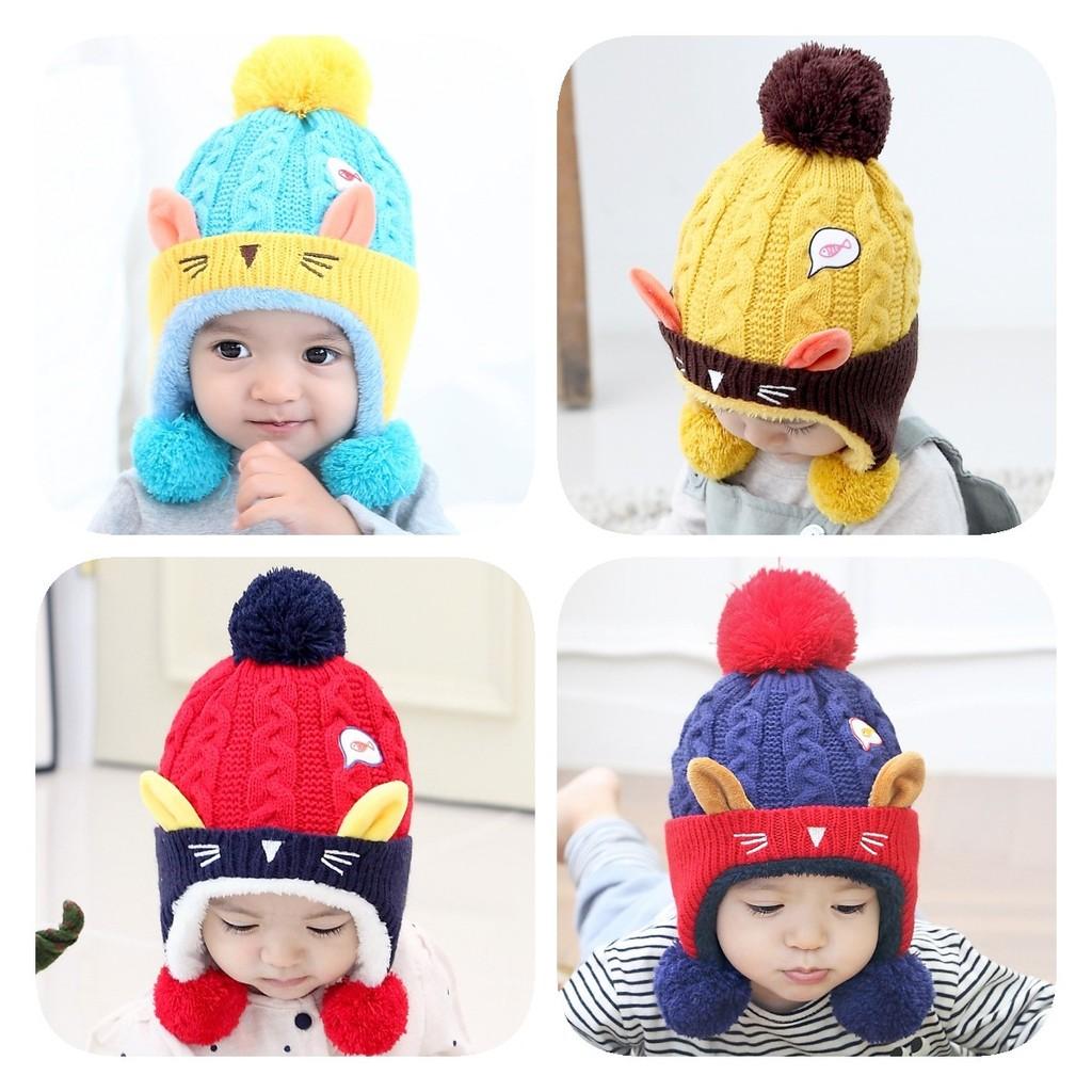 Cozy Baby Knitted Hat For Winter With Cute Cat Design Thickened Plush Ears Suitable For Boys And Girls Aged 5 To 24 Months Available In Red Yellow