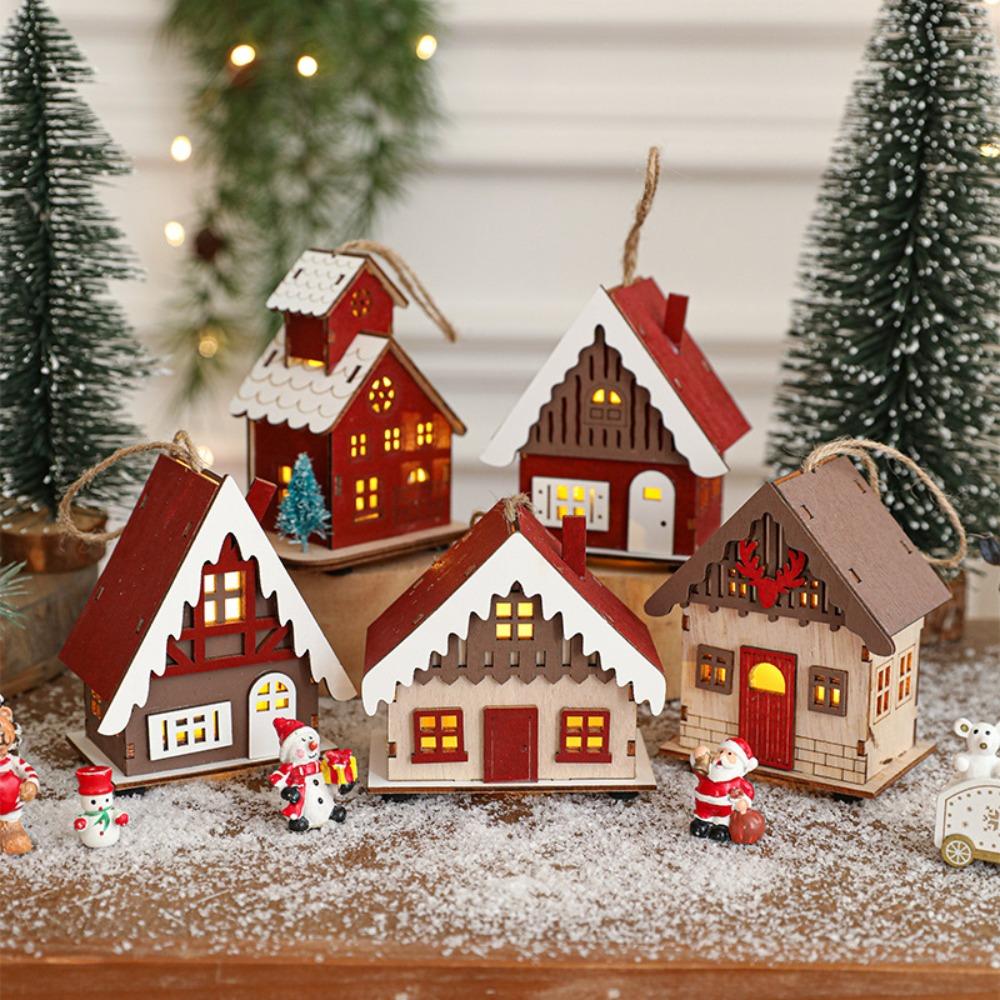 Christmas LED Light Wooden House Luminous Cabin Merry Christmas Decorations for Home DIY Xmas Tree Ornaments Kids Gifts New