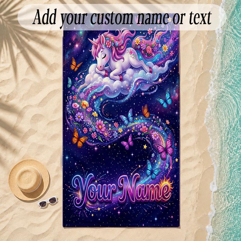 Unicorn Theme Soft Beach Towel Personalized Custom Name Text Towel Portable for Beach Pool Travel