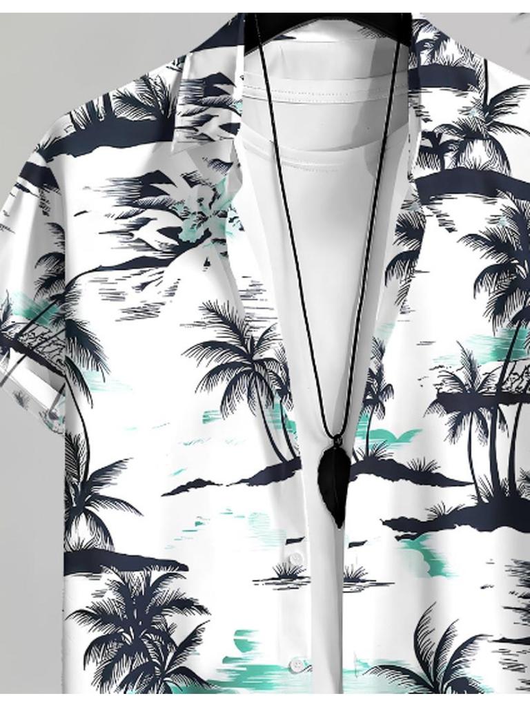 Herren Freizeit-Kurzarmhemd, Mehrfarbig, Verschiedene Größen erhältlich, Polyester-Material, Kokospalmen-Musterdruck, Geeignet für den täglichen Gebrauch,