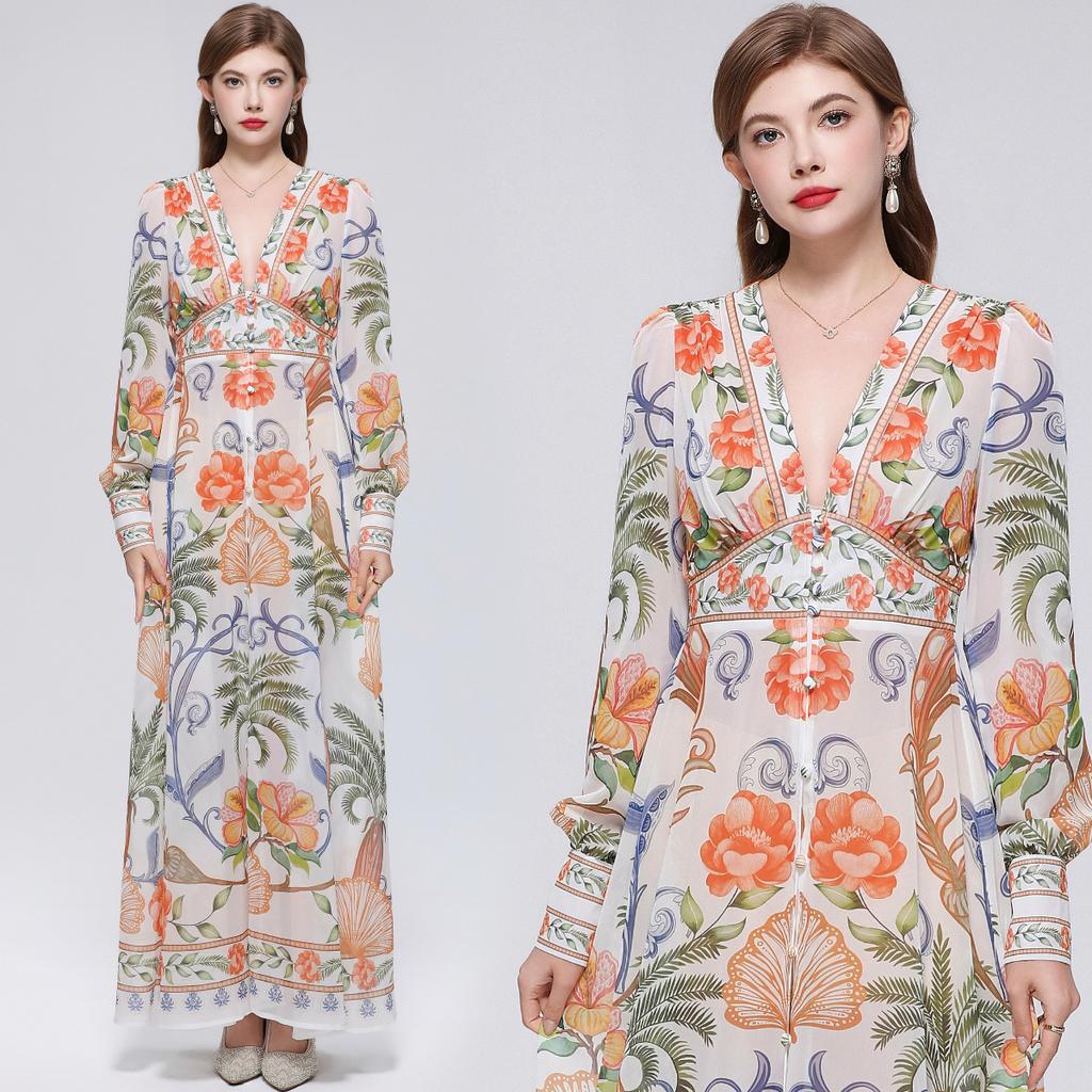 Summer Holiday Gorgeous Flower Beach Dress Women Deep V-Nek Long Sleeve Floral Print High Elastic Waist A-Line Maxi Dress