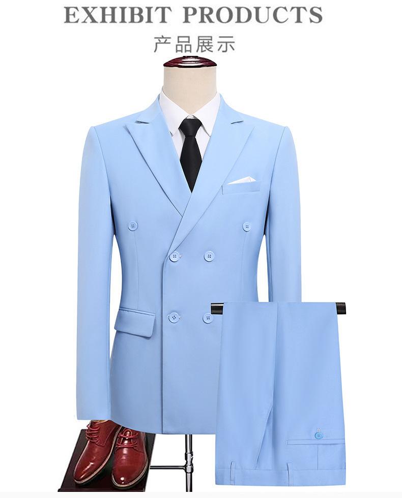 Men Plus Size Double Breasted Solid Color Slim Fit British Style Two Piece Suit