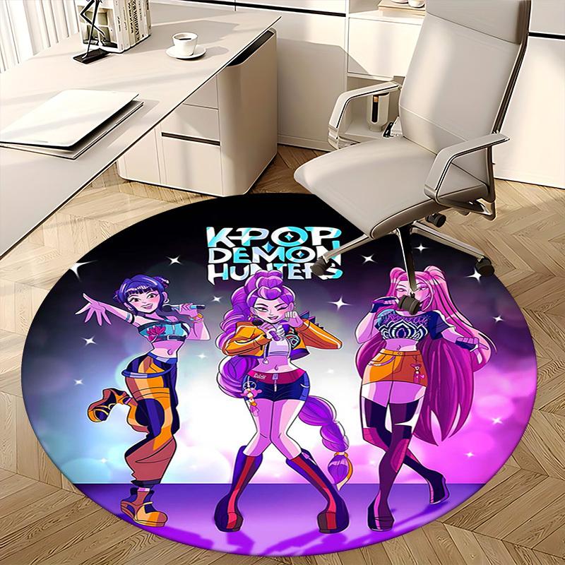 1pc KPOP Demon Hunters Anime Cartoon Design Round Carpet  Office Chair Mat, NonSlip Rug for Home Decor, Living Room, Bedroom