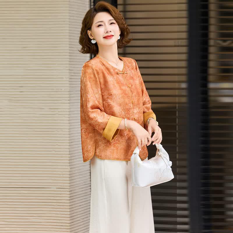Paster New Chinese Style Floral Top & Wide-Leg Pants Set for Mature Women