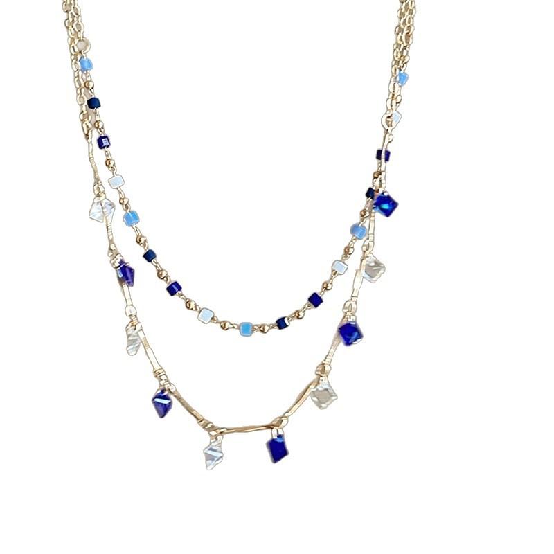 Fashion Colored Zircon Bead Necklace for Women Girls Exquisite Geometric Double-Layer Small Square Pendant Necklace Jewelry Gift