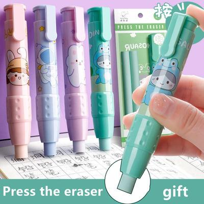 Pressing Cartoon Pencil Eraser Pen Type Cute Eraser Replaceable Rubber Core School Student Rubber Eraser Kid Gifts Office Eraser