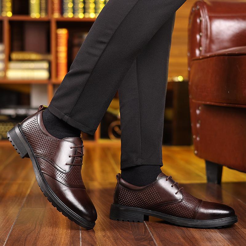 FashionMen's Dress Shoes Fashion Casual Cow Leather Hollowed Out Breathable Business Casual Lace-up Pointy Soft Soled Shoes for Men