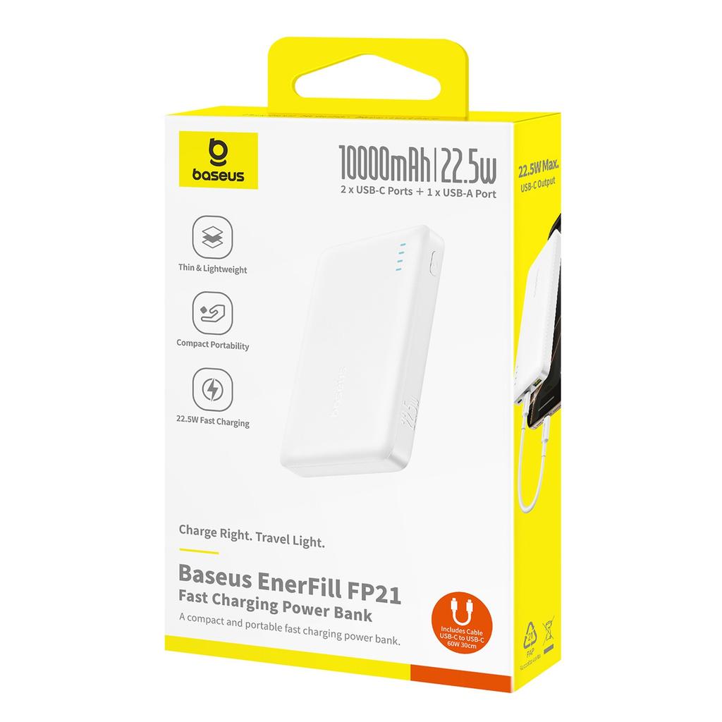 Powerbank 10000mAh 22.5W EnerFill FP21 USB-A USB-C with USB-C Cable - White