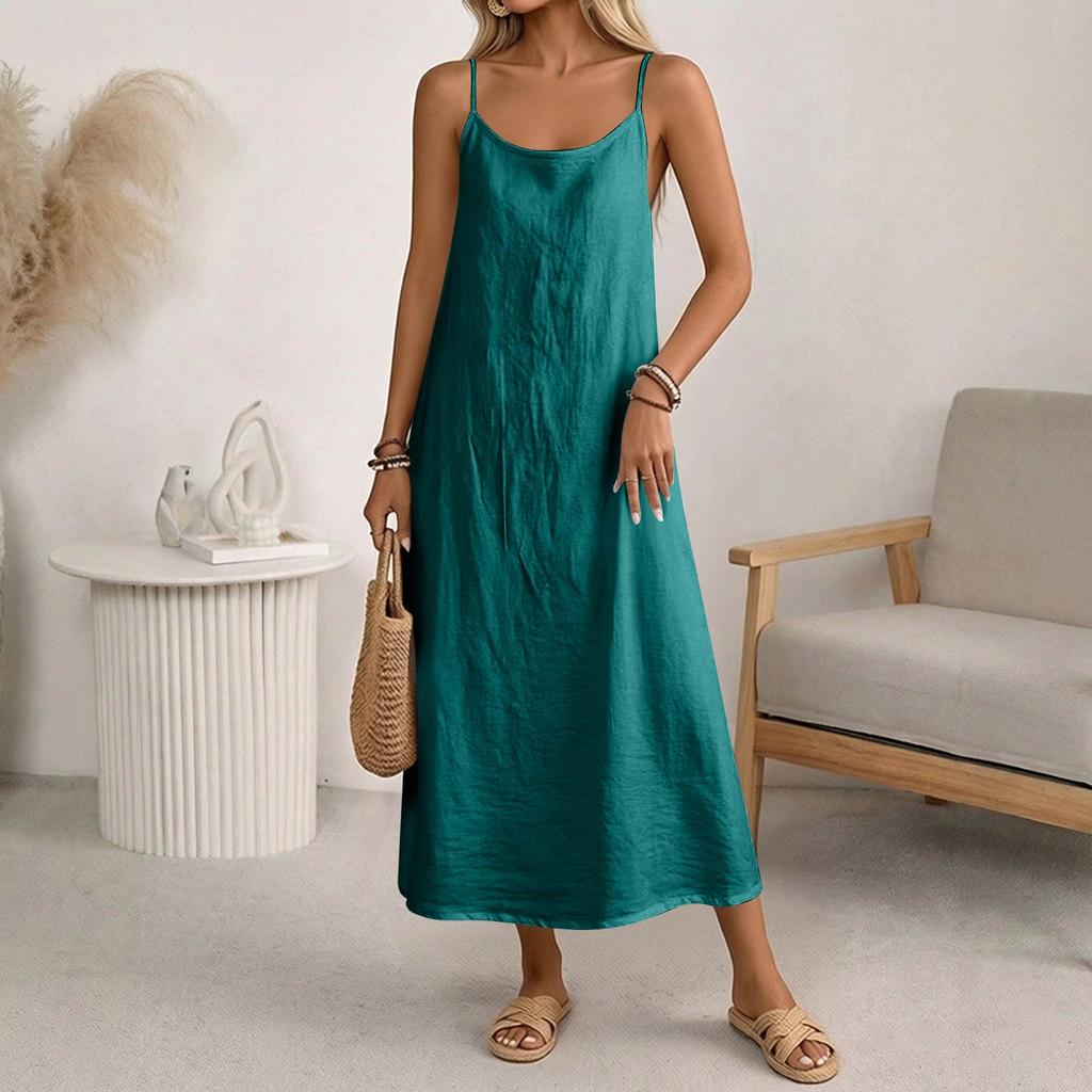 Women's Fashion Casual Loose Sleeveless Tank Top Cotton-Linen Mid Length Dress