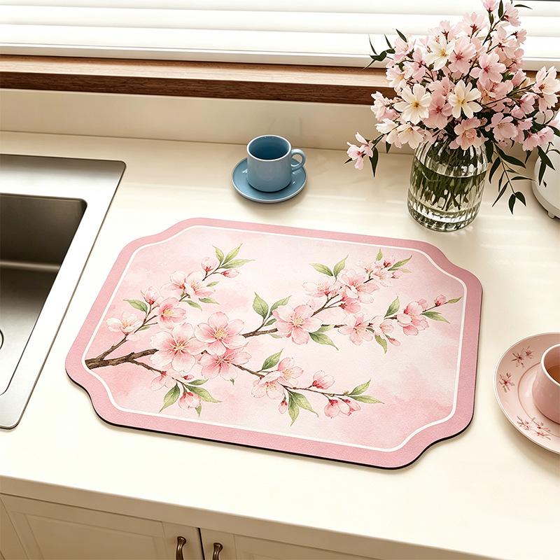 Chinese-Style Irregular Flower & Bird Diatom Mud Coffee Mat: Stain-Resistant, Easy-Clean, Non-Slip Kitchen Draining Mat