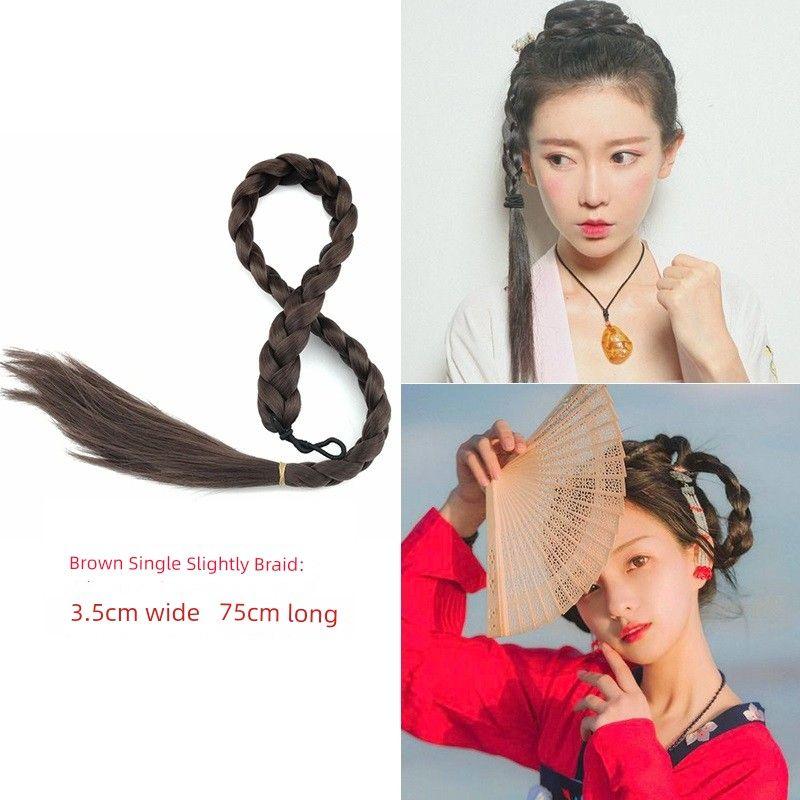 Ancient Costume Wig Double-Headed Twist Braid Republic of China Student Big Braid Chinese Bride Xiuhe Style Coiled Hair Wig Long Braid