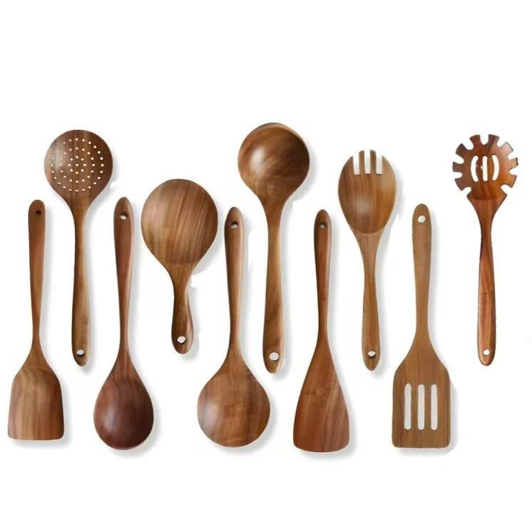 Teak Acacia Wood Kitchen Utensil Set: Spatula, Spoon, Ladle, Turner, Long Handle Rice Spoon