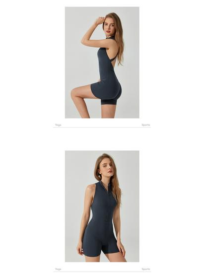 European & American Sports Yoga Bodysuit with Zipper, Open Back, Peach Butt, Double-Sided Brushed Fabric, Shapewear & Bra Pads