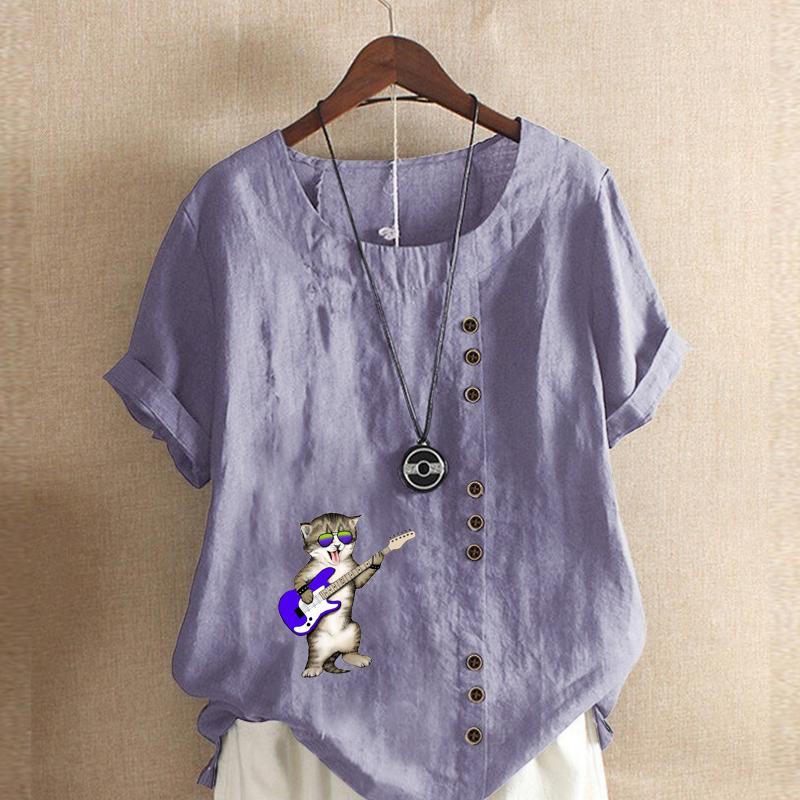 Women's Fashion Talking About His Cat Prined Short Sleeve T-shirt Loose Cotton Shirt Casual Loose Summer Blouse Plus Size Tops