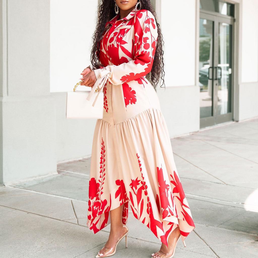 YYFS Damenmode Frühling Herbst Blumenmuster Druck Langarm Polokragen Hohe Taille Freizeitkleider