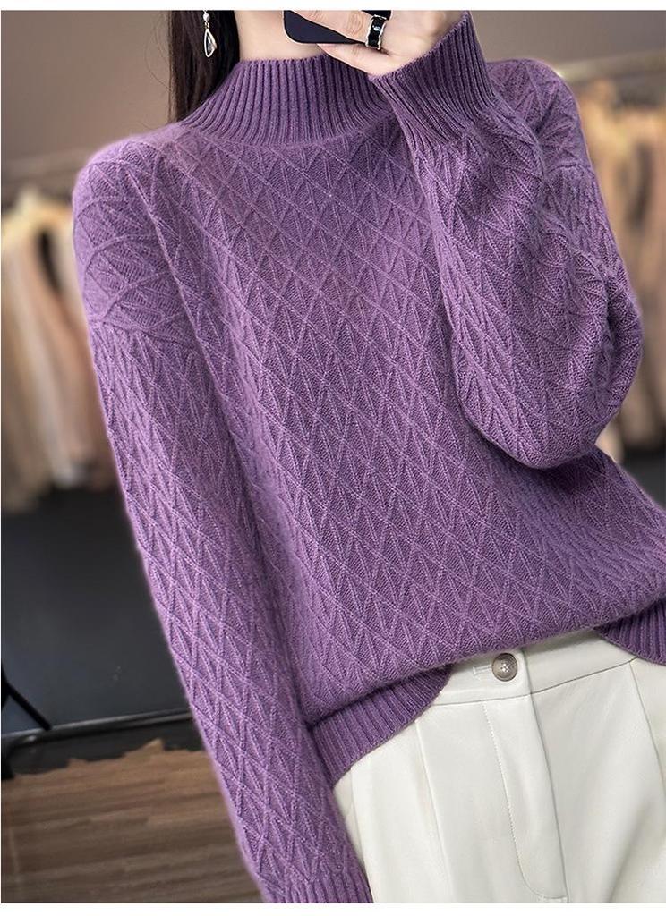 Women's Cashmere Diamond Knit Pullover: Half-High Collar, Thick, Loose-Fit, Korean Style Winter Sweater.