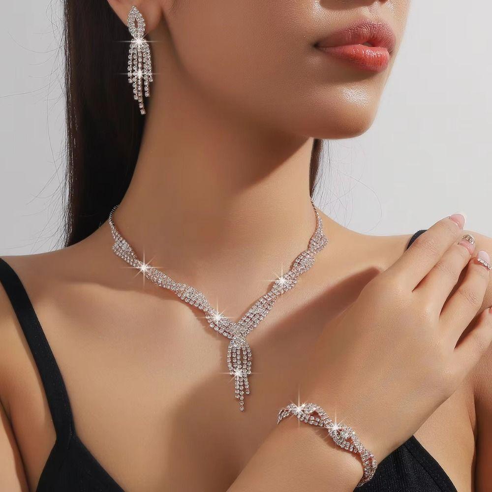 Rhinestone Tassel Wedding Bridal Accessories V-Necklace Rhinestone Jewelry Set  Wedding Party