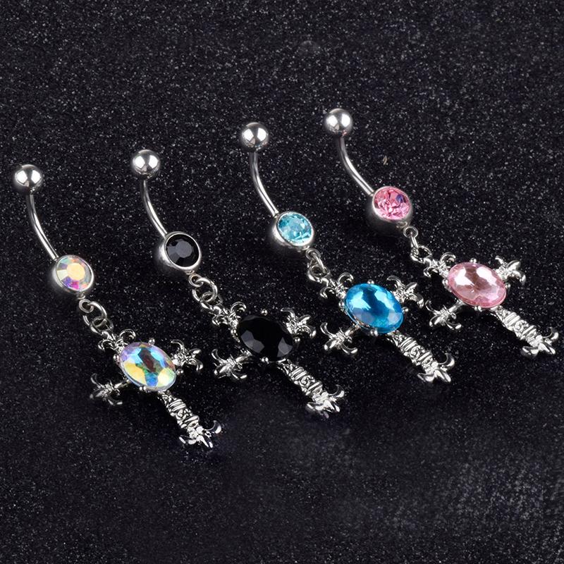 Hängande navelpiercing i rostfritt stål med kors Punk Cool Navelnagel För Kvinnor Kroppspiercingsmycken