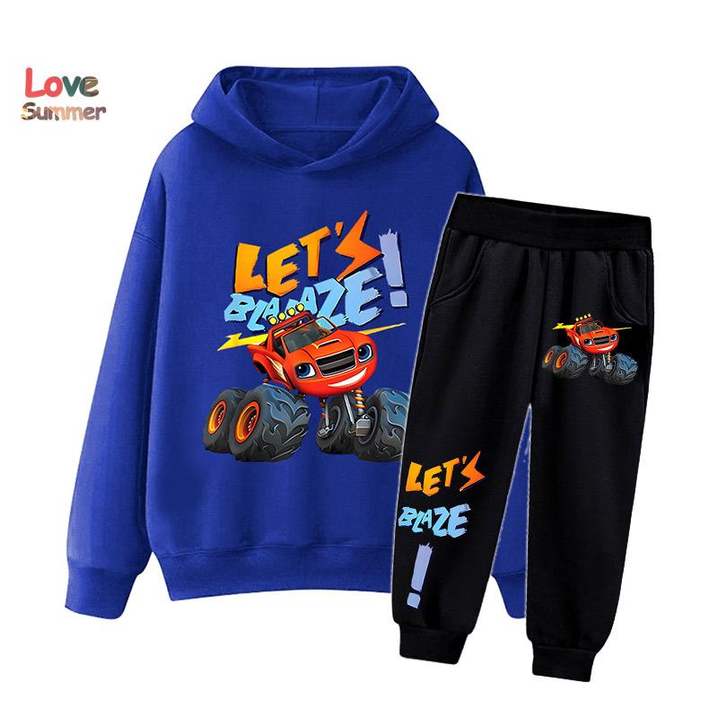 2pcs Boys hoodie Set car monster patterns boys like 2pcs Sporty Pants Hoodie Set Gift Ideal Daily Outdoor Wear Suit Thin Kids Tracksuit