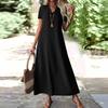 Women's Fashion V-Neck Short Sleeve Solid Color Zipper Casual Vacation Long Dress Cotton Linen Dresses