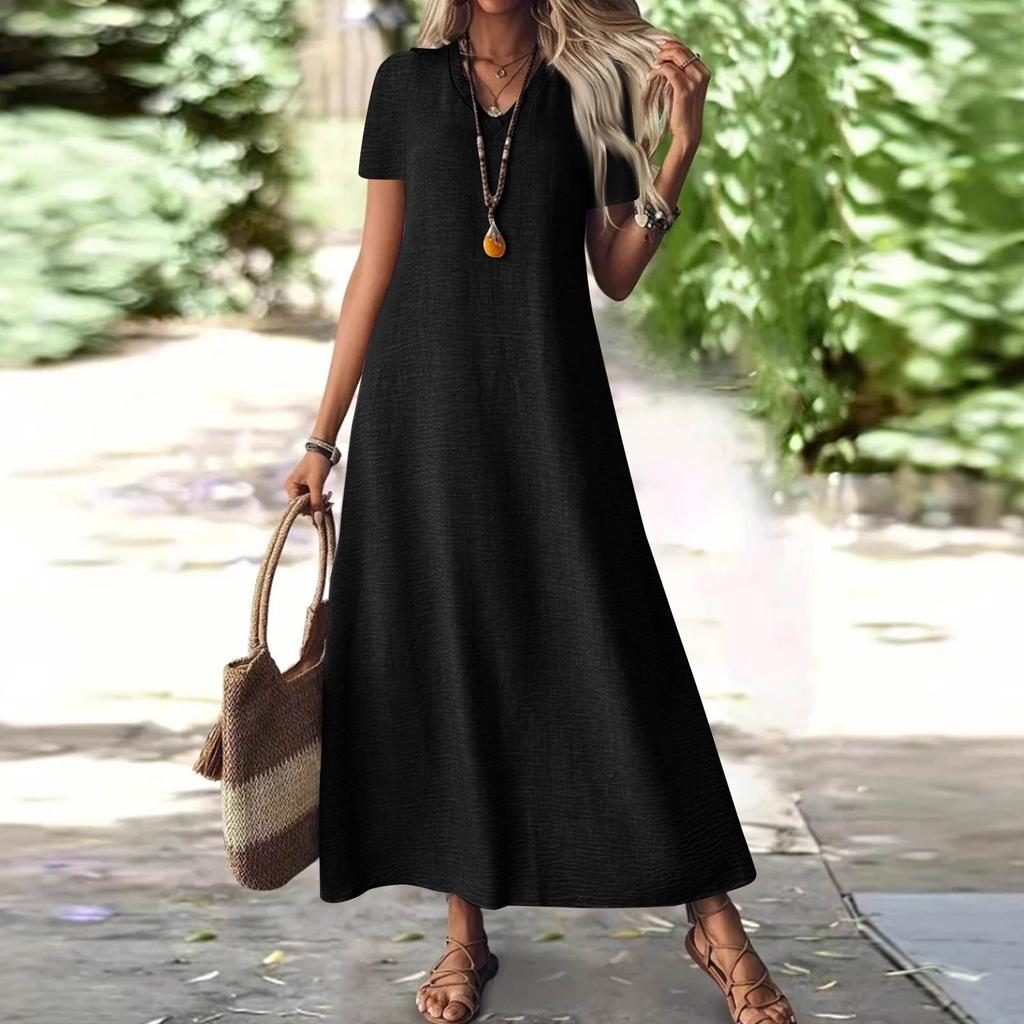 Women's Fashion V-Neck Short Sleeve Solid Color Zipper Casual Vacation Long Dress Cotton Linen Dresses