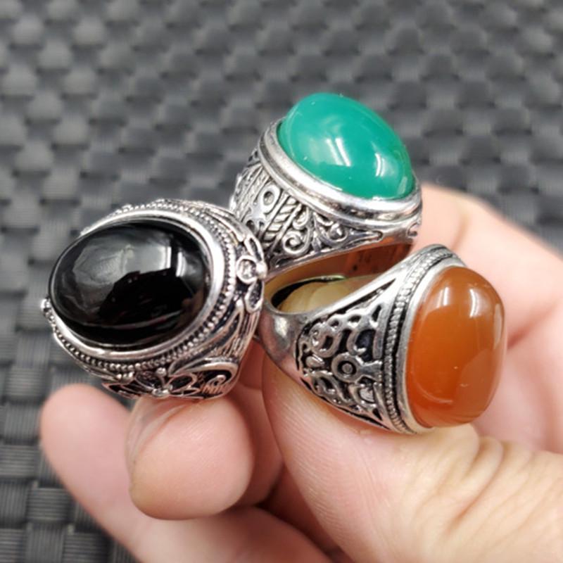 Vintage Adjustable Jade & Agate Ring: Black Agate, Red Agate, Green Chalcedony Red Agate Adjustable