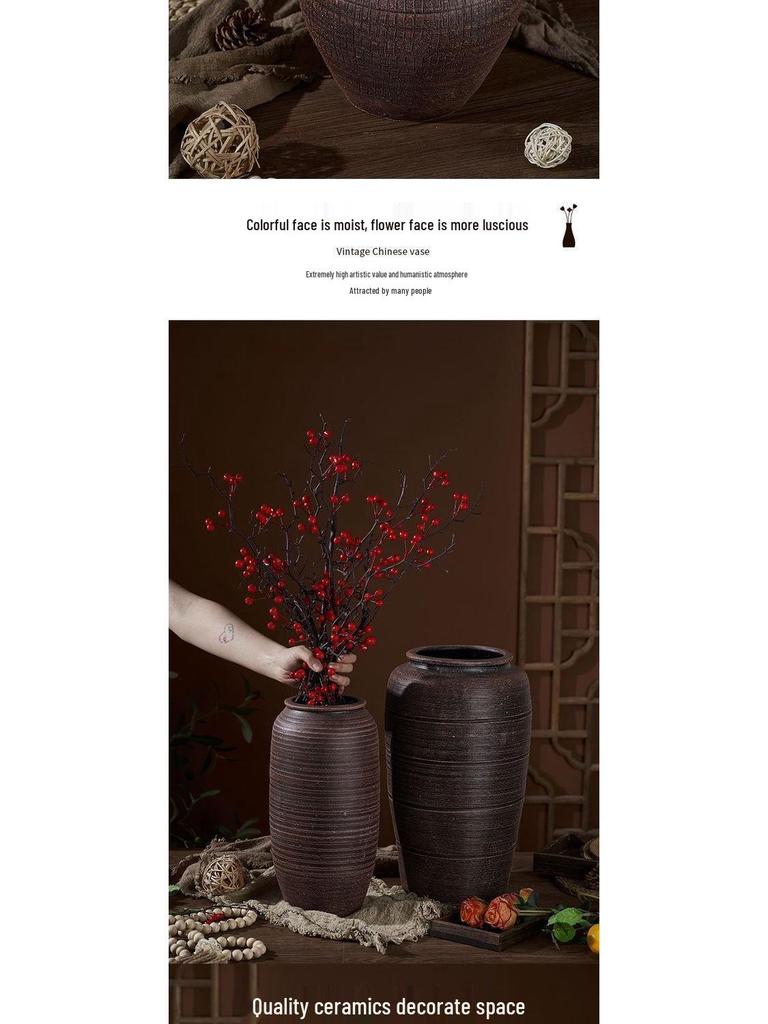 Zen-Style Rustic Pottery Vase for Dried Flowers and Succulents: New Chinese Retro Design