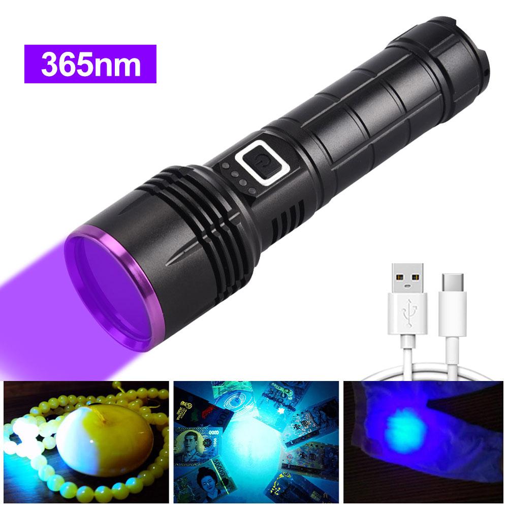 

Мощный УФ-фонарик 365 нм, USB-аккумулятор, водонепроницаемый, фиолетовый свет, УФ-лампа Torh для детектора пятен мочи домашних животных, аккумулятор 18650