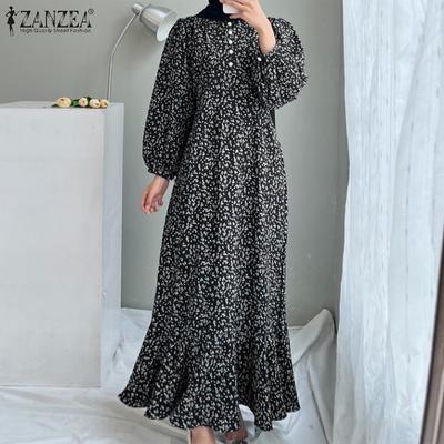 Damenkleid mit Blumendruck, lockeres, lässiges Langarmkleid