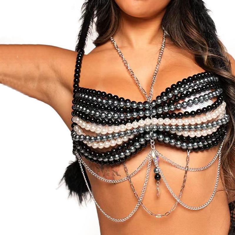 Handmade Fringe Pearl Chain Top Festival Rave Harness Body Chain Chest Jewelry Sexy Clubwear Women Mermaid Beaded Top 2025 New