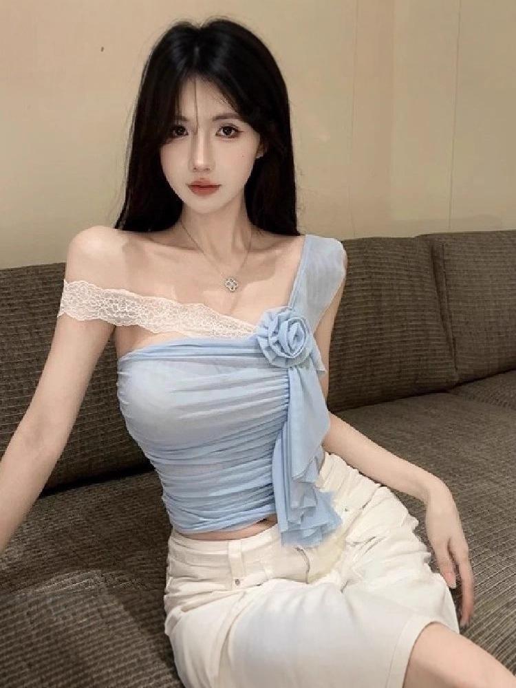 Trendy Lace Patchwork Off-Shoulder Slim-Fit Korean Top