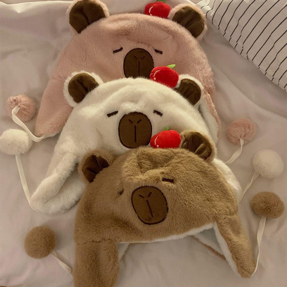 Warm Animals Ears Beanie Hats Cartoon Plush Cap Soft Cute Capybara Hat  Outdoor