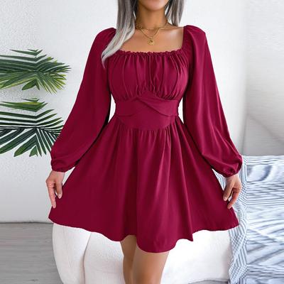 Women Spring Summer Square Neck Solid Color Wood Ear Edge High Waist Big Swing Dress