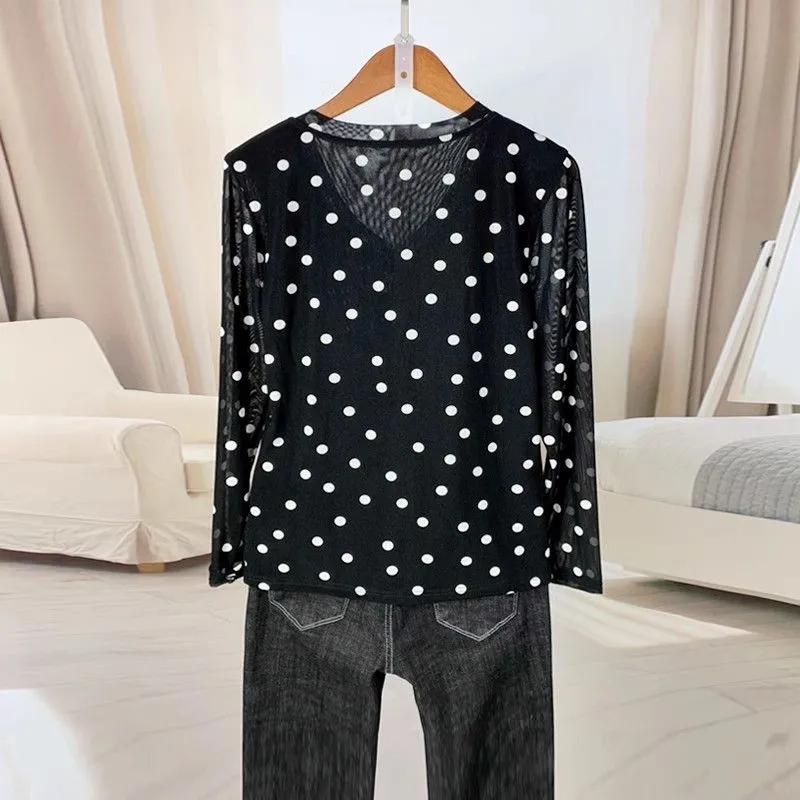 New V-neck White Polka-dot Double Layer Mesh Long-sleeved T-shirt Fashionable Mother's Slim Thin Top