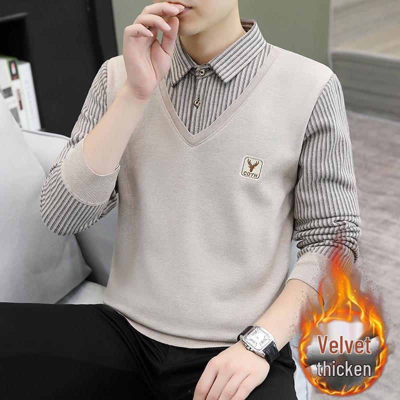 Men's Fleece-Lined Two-Piece Winter Sweater Knitwear with Long Sleeves