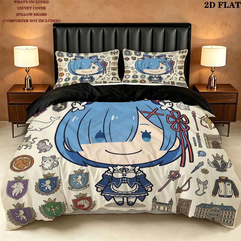 Set Copripiumino Trapuntato con Fantasia Re Zero Federa Regalo di Compleanno per la Casa(1 * copripiumino + 2 * federa, senza nucleo)