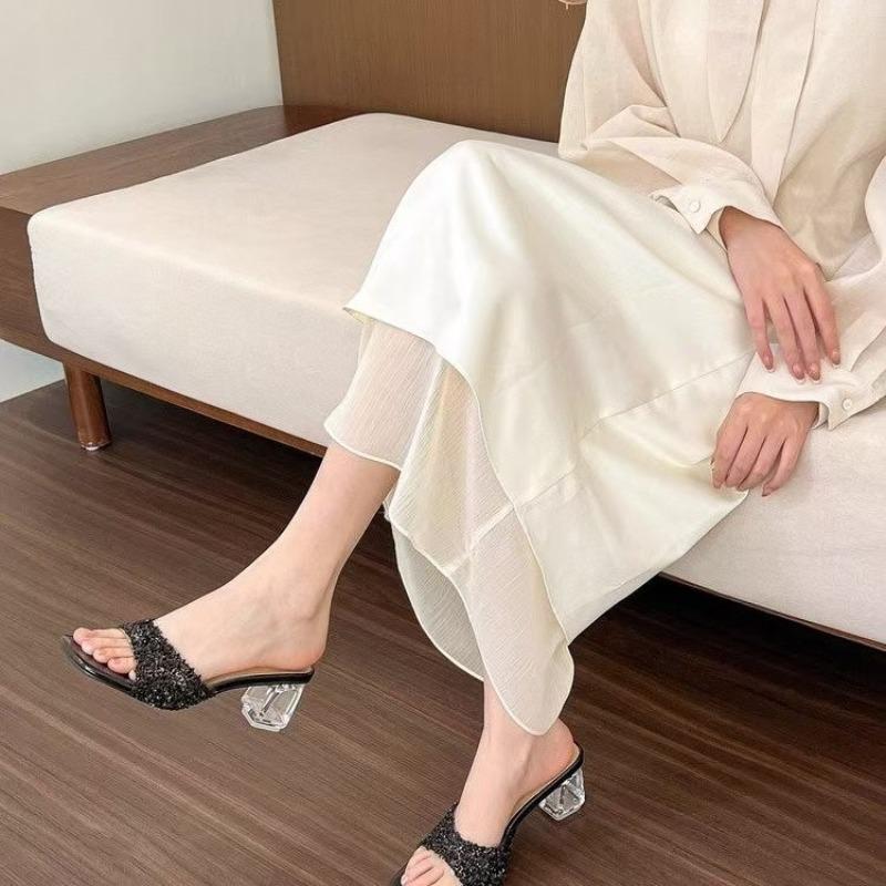 Women's Temperament Square Heel Sandals Summer New Square Head Open Toe Glitter Set Foot Anti-slip Wear Heel Shoes