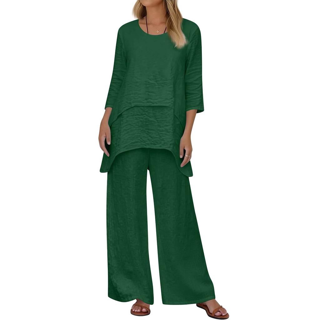 Women's 2-Piece Set: Stylish Casual Round-Neck Loose-Fit Top + Wide-Leg Pants