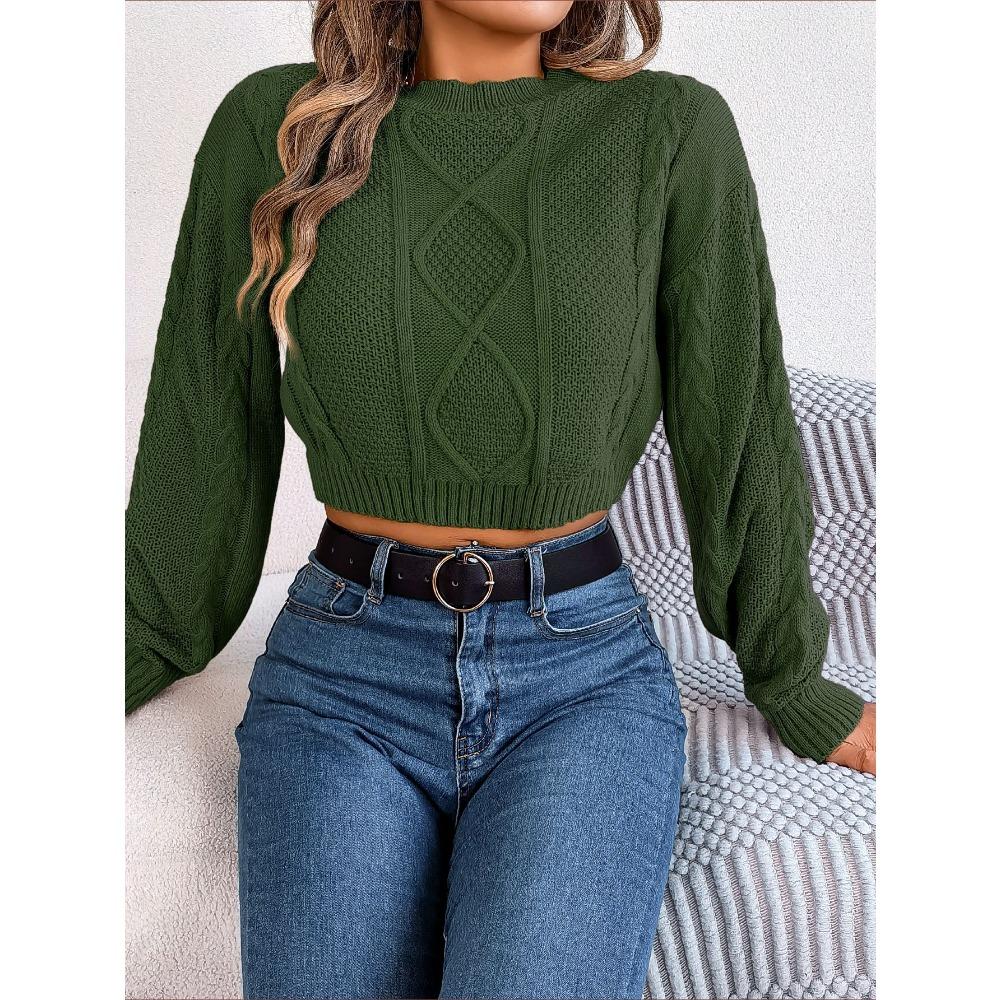 Autumn and Winter Casual Solid Color Twist Long-sleeved Pullover Navel-baring Sweater