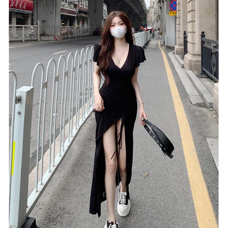 Sexy V-neck split-ended dress women's summer new slim-fitting and thin drawstring hip-wrapped long t-shirt skirt