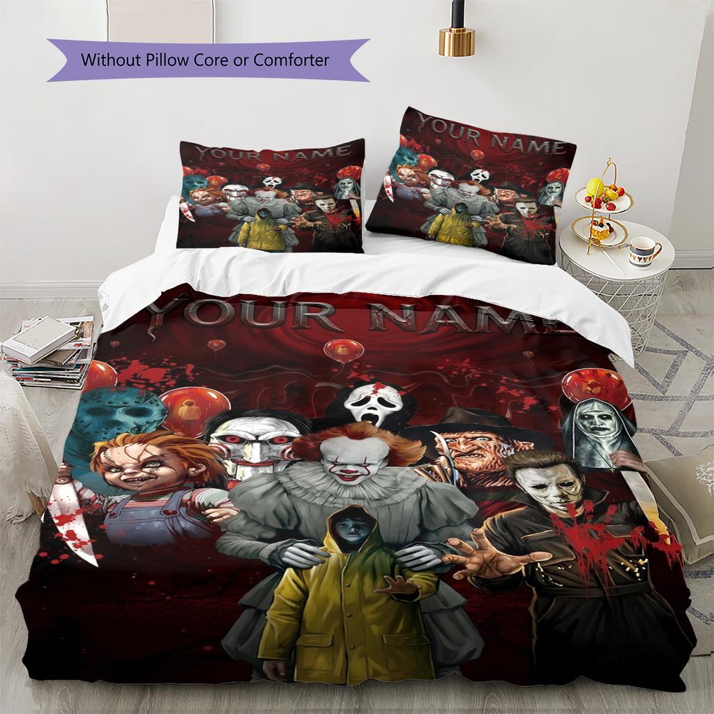 Name Custom Horror Halloween Pattern Bedding Set Quilt Cover Pillowcase Home Decor Gift (1 * duvet cover + 2 * pillowcase, without core)