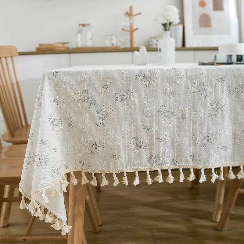 Pastoral Beige Daisy Cotton Linen Tablecloth - Japanese Style Floral Design