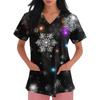 Women's V-neck Christmas printed short-sleeved pocket side-slit protective suit top