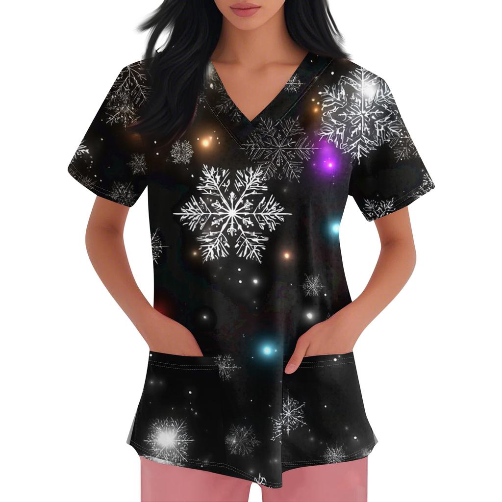 Women's V-neck Christmas printed short-sleeved pocket side-slit protective suit top