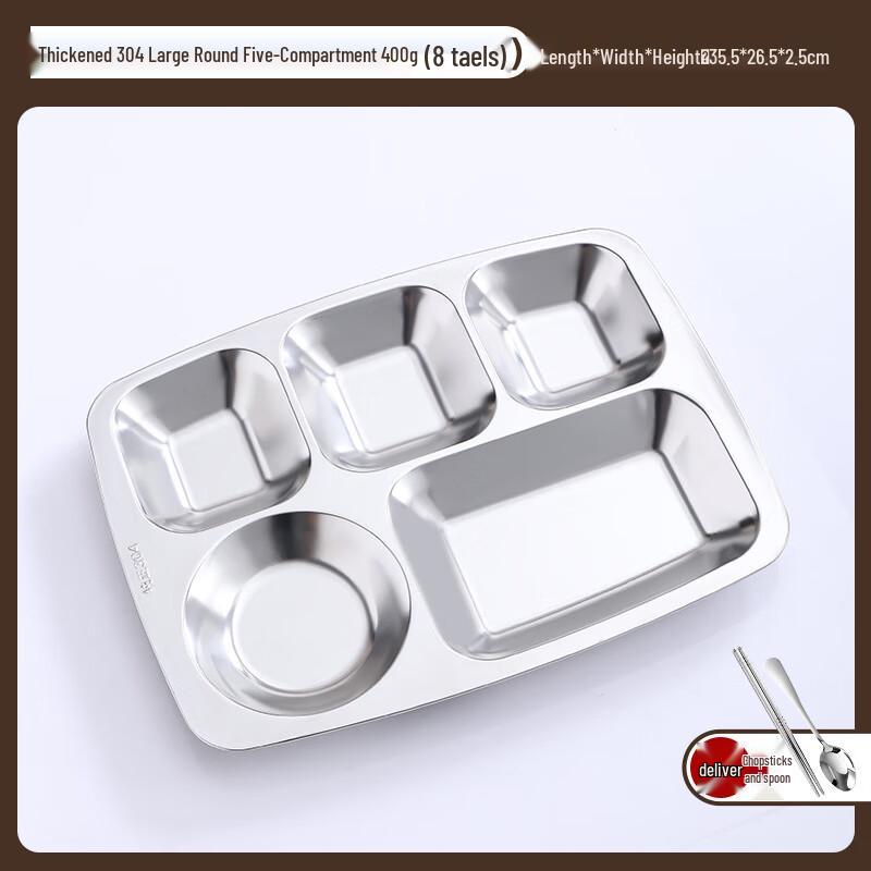 Large Round 5-Compartment 304 Stainless Steel Lunch Plate