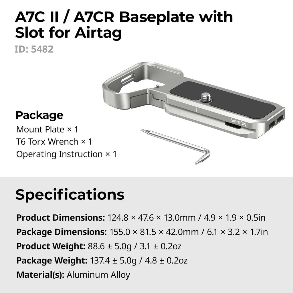 SmallRig A7C Camera Base Plate with AirTag Slot Quick Release Plate for Sony Alpha 7C 7CR 5482 II/A7CR Slots, Built-in Arca/QD Socket/Strap II/Alpha