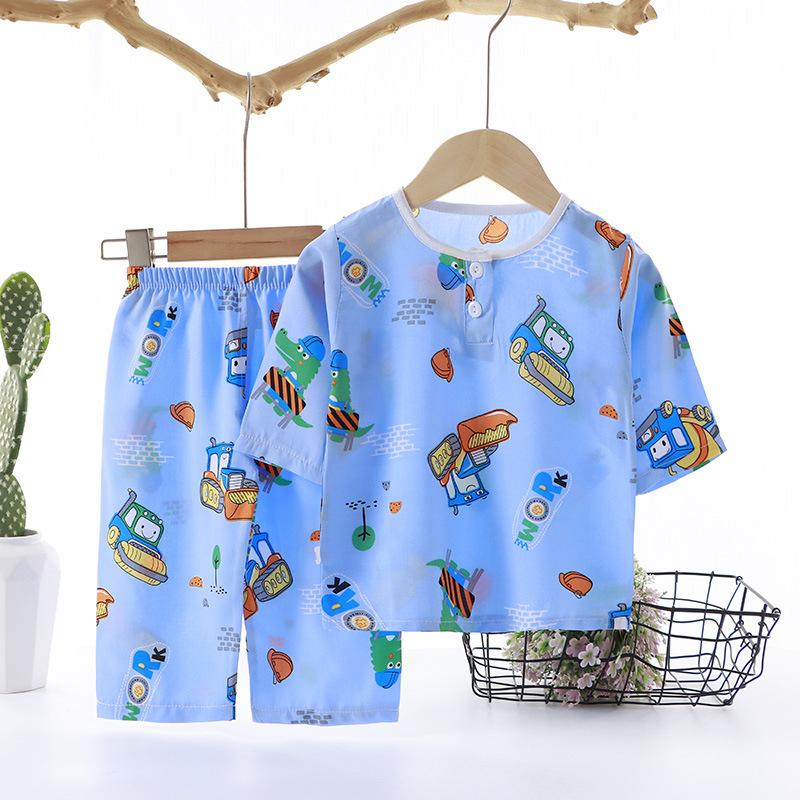 Summer Kids Cotton Silk Pajamas Thin Home Wear Set Boys Girls Cute Pattern Outdoor Wear