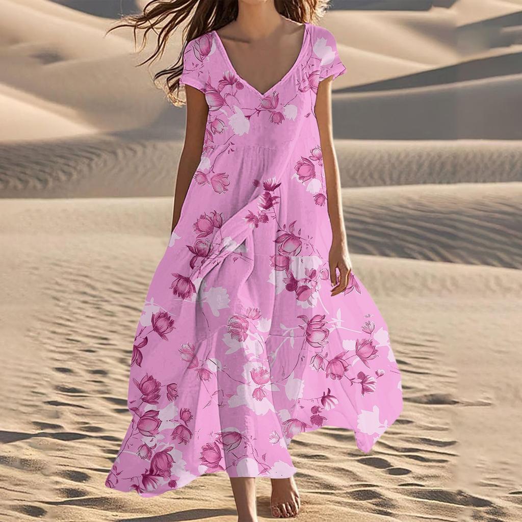 Dámská letní móda V-výstřih Plážové Dlouhé Šaty s Krátkým Rukávem s Květinovým Potiskem