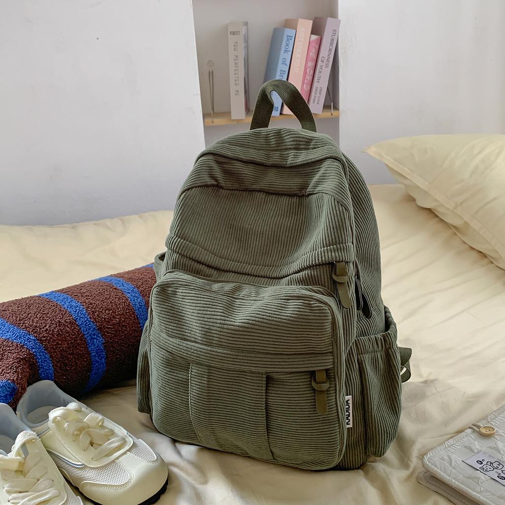 Schoolbag autumn and winter new simple bag large capacity multi-pocket solid color corduroy casual Japanese big schoolbag backpack backpack